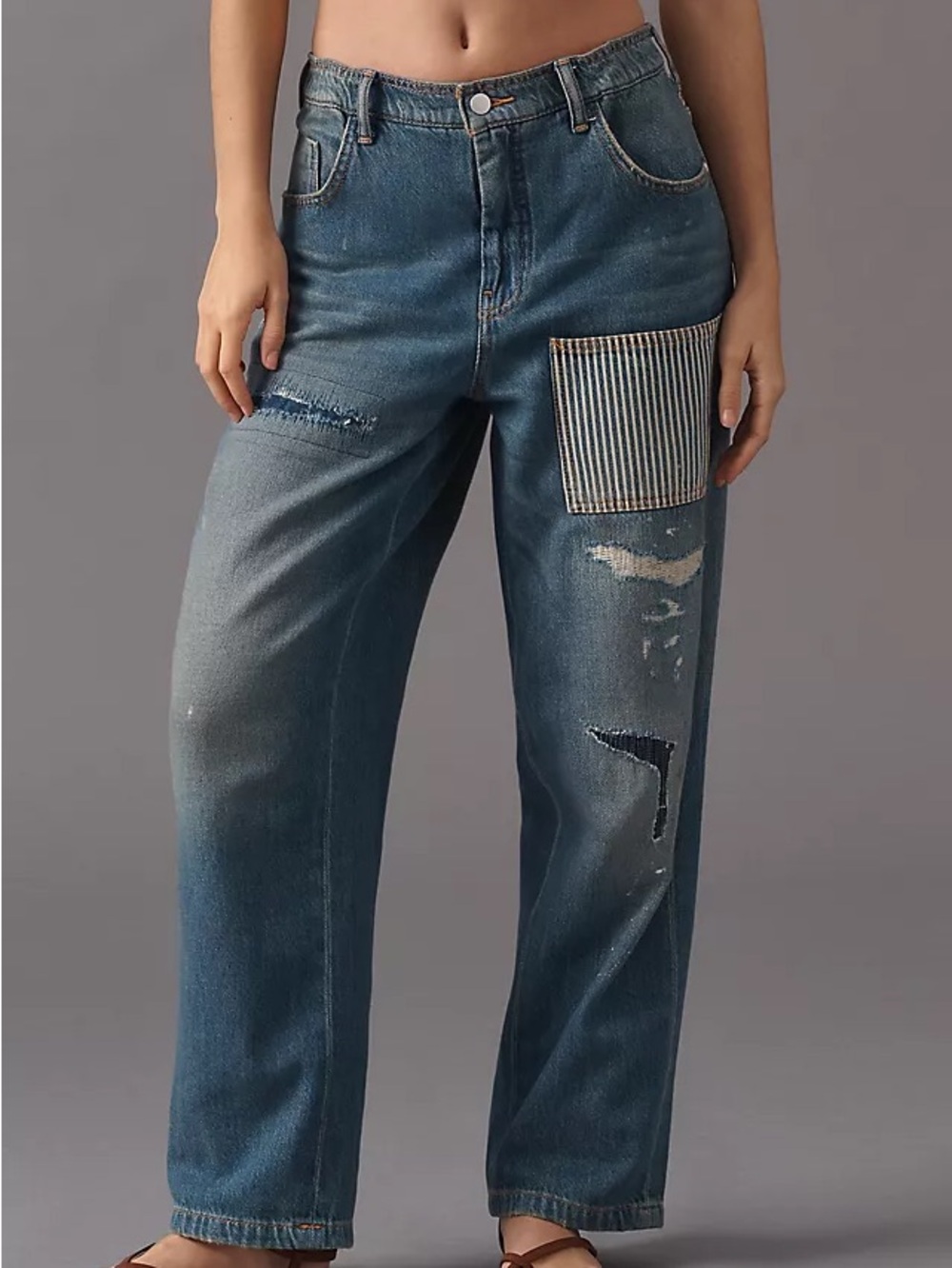 Pilcro Jenna Mid-Rise Relaxed Distressed Jeans with Striped Patch size Small
